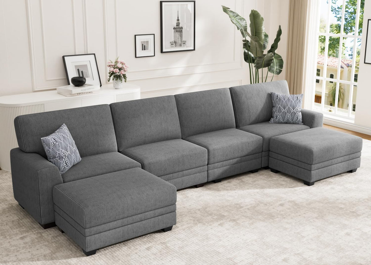 Wanderwell Oversized Modular Sectional Sofa, 6-Seater U Shaped Couches with Movable Ottoman,Corduroy Sectional Couch with Wide and Deep Seats Suitable for Living Room,Bedroom,Apartment (Olive, L-7)