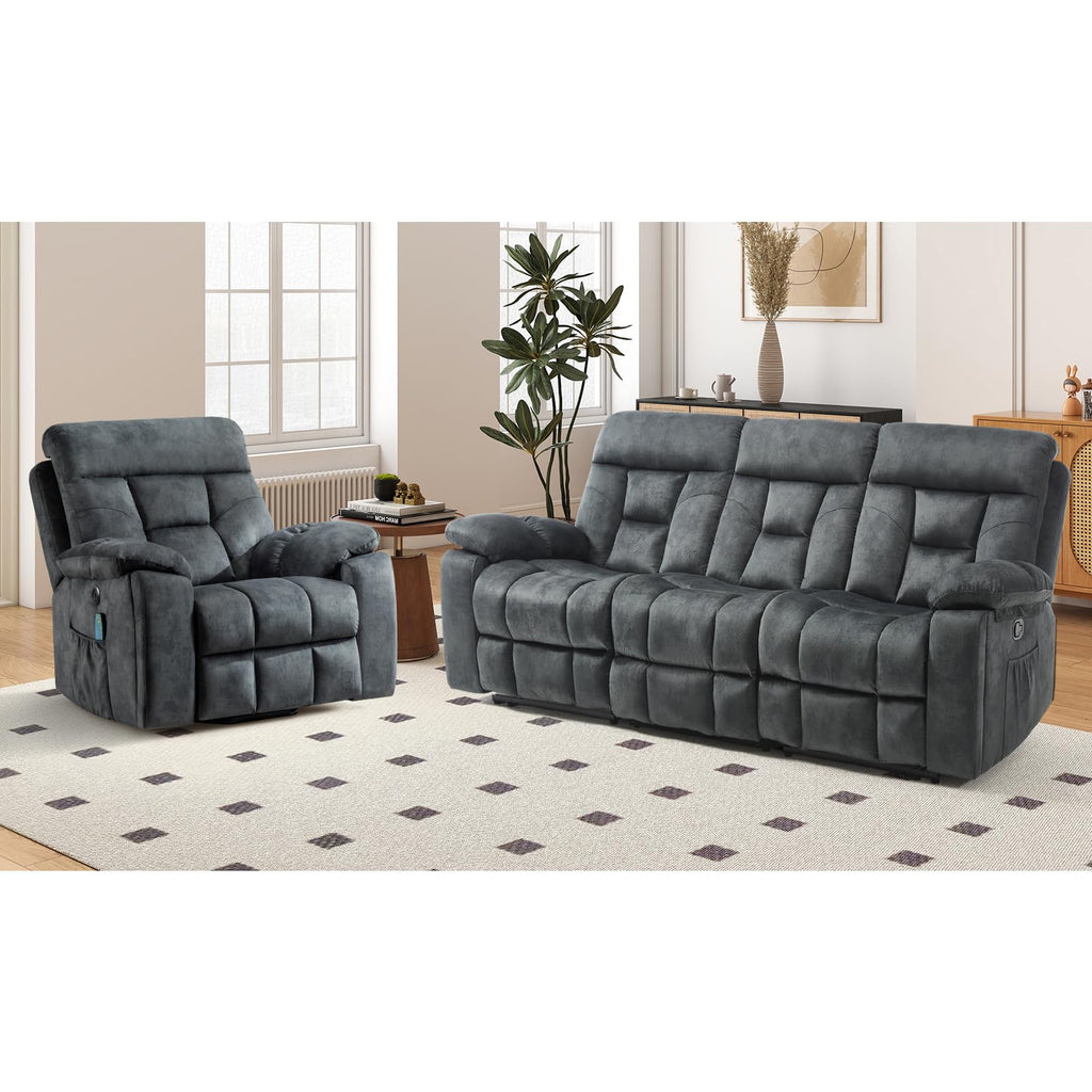 EBELLO 2 Piece Reclining Living Room Set, Soft Fabric Recliner Sofa Furniture Set, Included Power Lift Recliner Chair with Massage and Heat and 3 Seat Sofa, Dark Greenish-Grey
