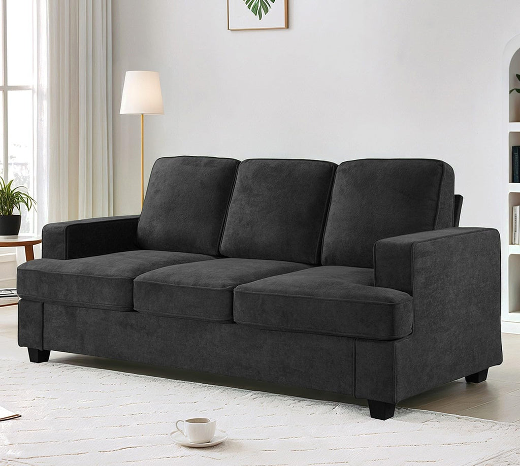 Velvet Sofa, Comfortable 3 Seater Couch with Deep Seating and High Density Foam, Loose Back Cushions, Wide Arms, Livingfor Home, Apartment, Office, Black