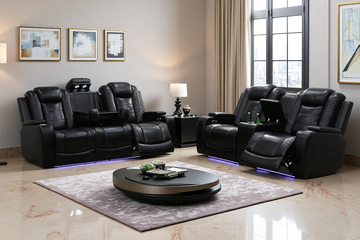 A Ainehome Power Leather Recliner Sofa Set with LED Lights, Recliner Sofa Sectional Couches for Living Room, Reclining Sofa, loveseat, Chair with USB Port/Storage Console/Cup Holder(black,3-piece set)
