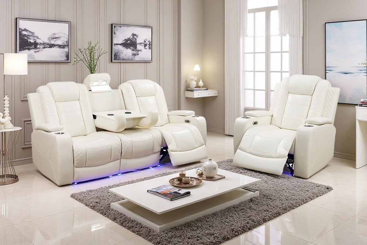 A Ainehome Power Leather Recliner Sofa Set with LED Lights, Recliner Sofa Sectional Couches for Living Room, Reclining Sofa, loveseat, Chair with USB Port/Storage Console/Cup Holder(black,3-piece set)