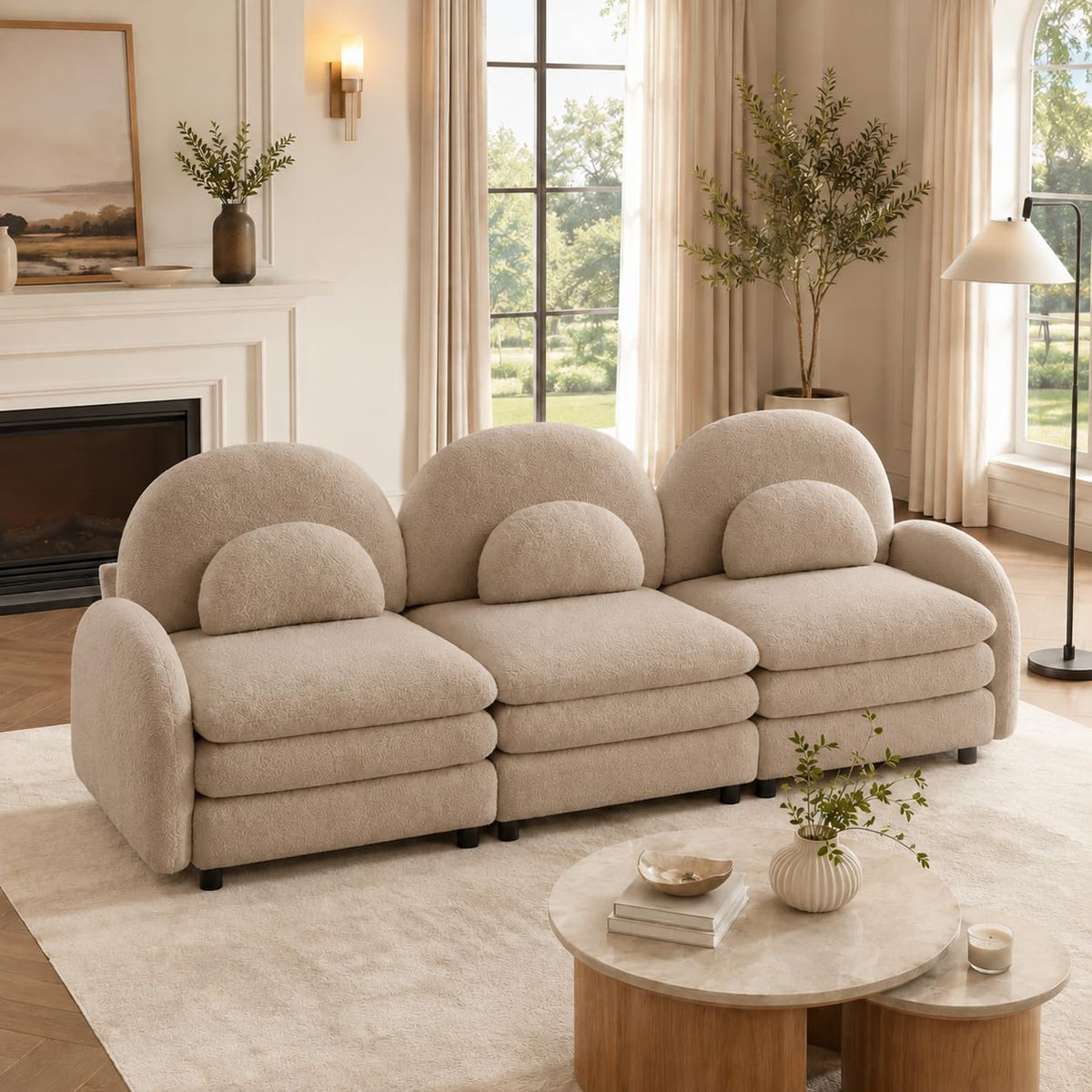 Teddy Fleece 3-Seat Modular Sofa with Curved Back and Double Cushions