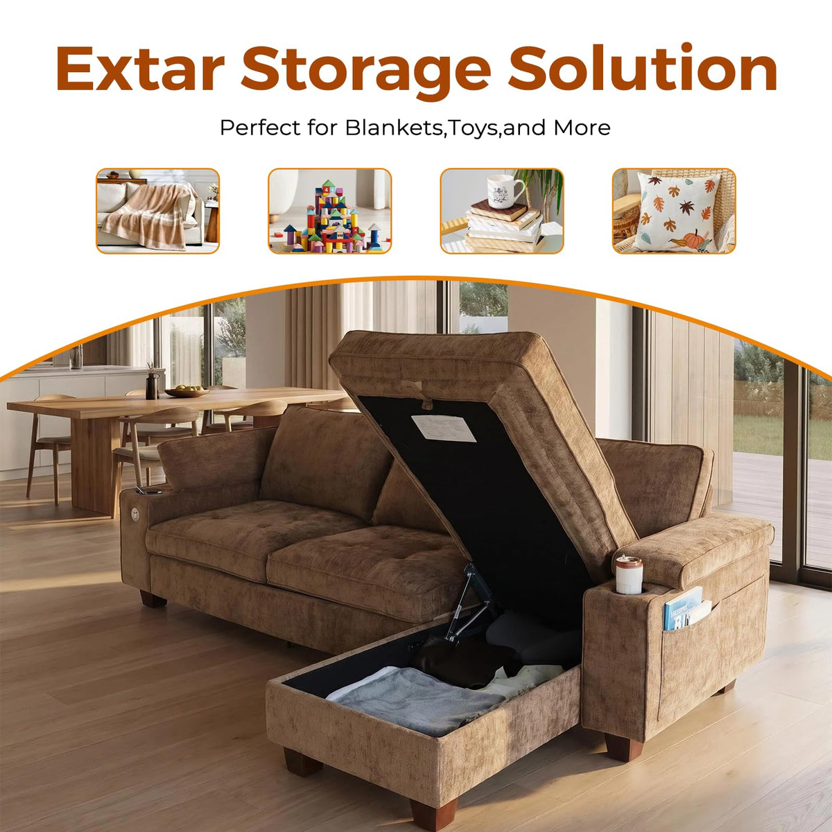 110" L Shaped Modern Couch with Storage with Adjustable Armrest Cup Holders USB & Type-C Ports Couch for Living Room and Small Spaces,Brown