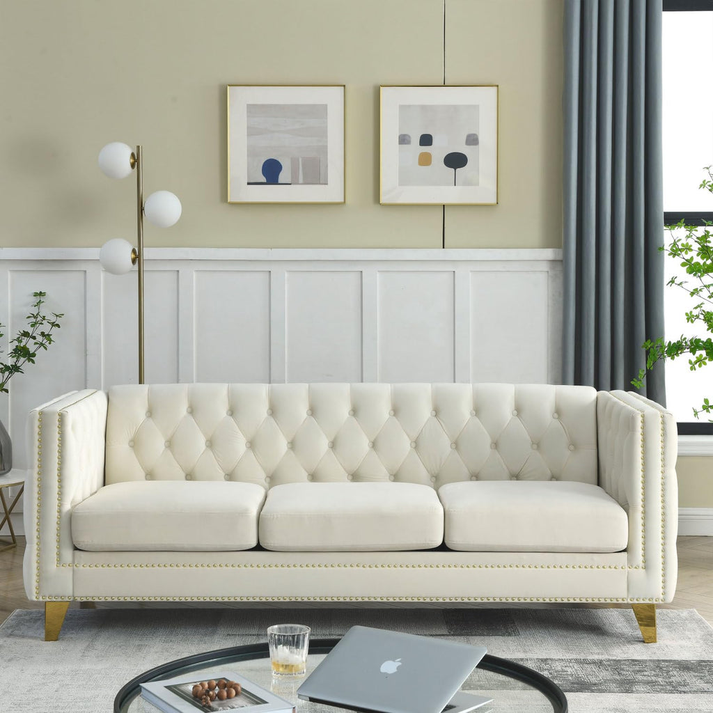 Velvet Sofa for Living Room Beige Three-Section Comfort Cozy Modern Chesterfield Design Bedroom & Office Use