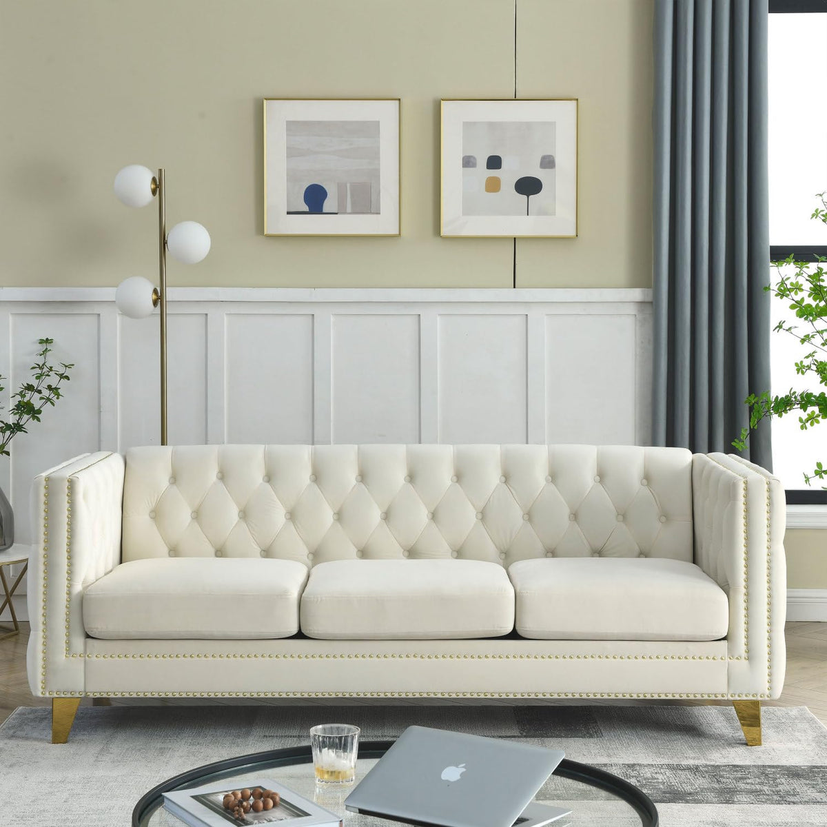 Velvet Sofa for Living Room Beige Three-Section Comfort Cozy Modern Chesterfield Design Bedroom & Office Use