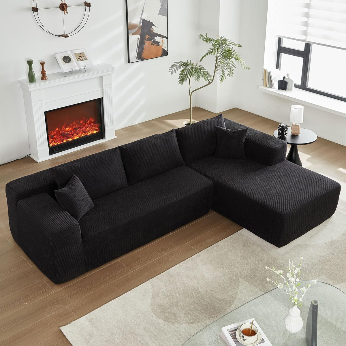 104" L-Shape Modular Sectional Sofa Couch,Comfy Upholstered Cloud Couch for Living Room,Modern Minimalist Couches,Deep Seat,No Assembly Required (Black,Plush Corduroy, Right Facing Chaise w/Ottoman)