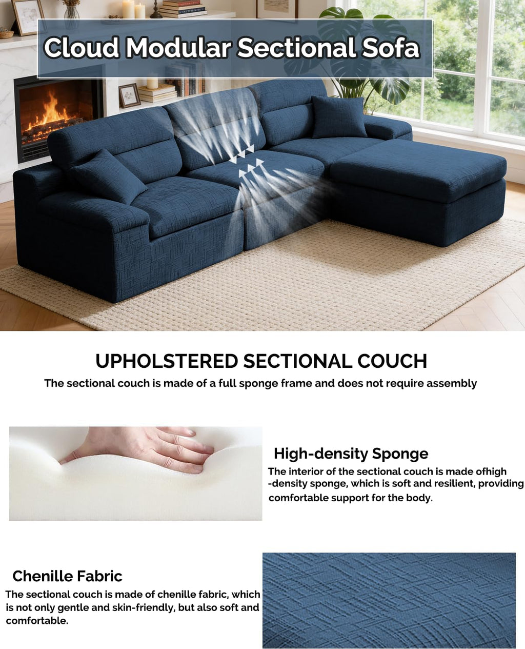 111" Modular Chenille Sofa Set w/ Reversible Chaise,No-Assembly-Beige-Blue