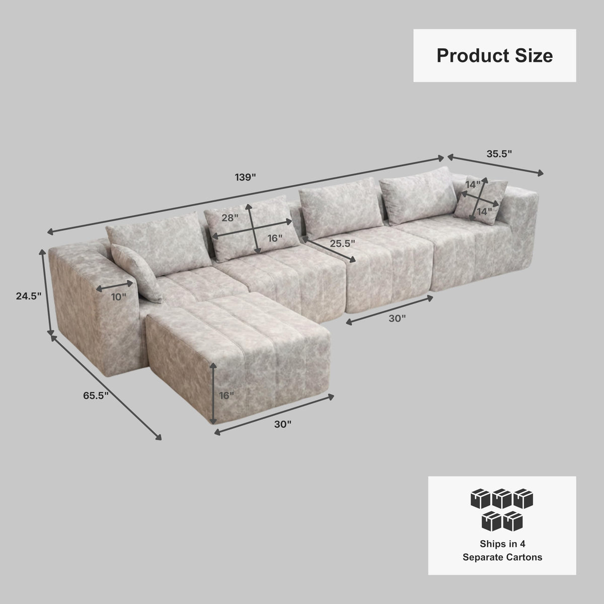 · REDEARTH · Boneless L Shaped Sectional Sofa in a Box, 5 Seater - Oyster
