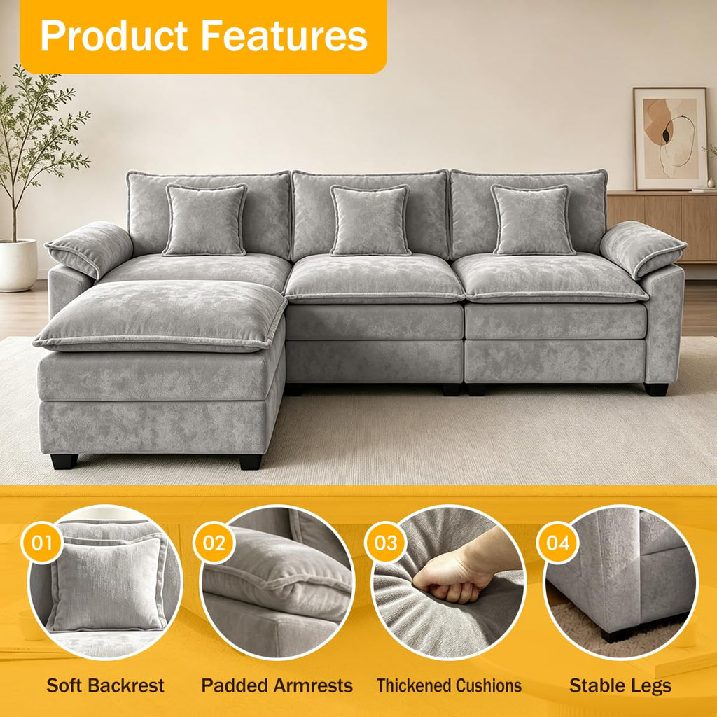 119" Cloud Couch Sectional, L Shaped Modular Sectional Sofa for Living Room, 3 Seater Sofa with 3 Removable Washable Pillows and 1 Ottoman, Light Gray