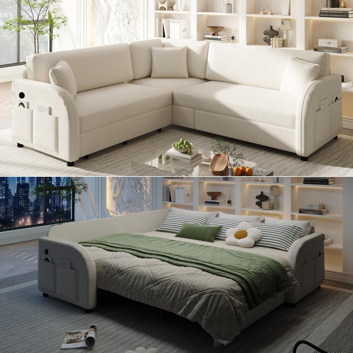 118" L-Shaped Sectional Sleeper Sofa Bed with Pull Out Couch, Dark Grey