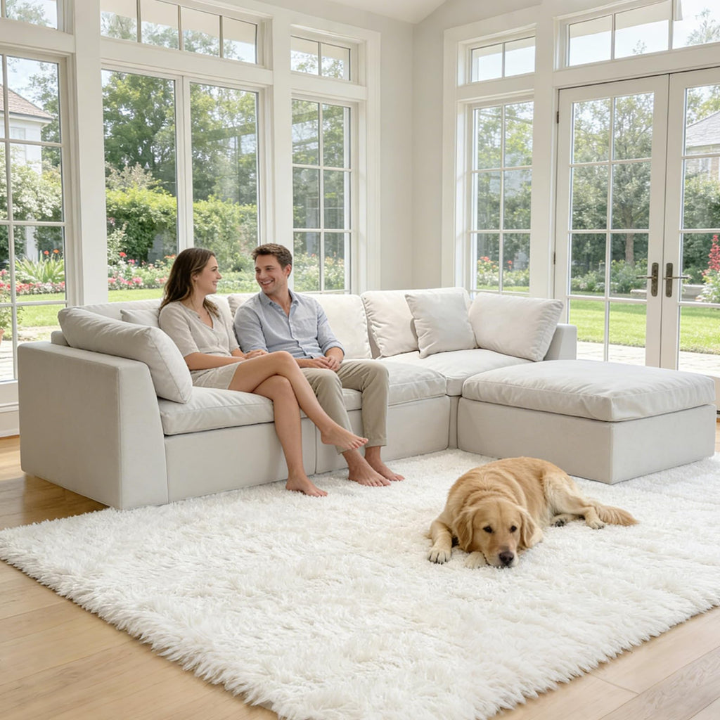 112.5" Cloud Couch Sectional, No Assembly Required Modern Modular Sectional Couches for Living Room, White Chenille L-Shaped Sofa with Ottoman & Pillows, 1200LBS Capacity, Apartment Friendly