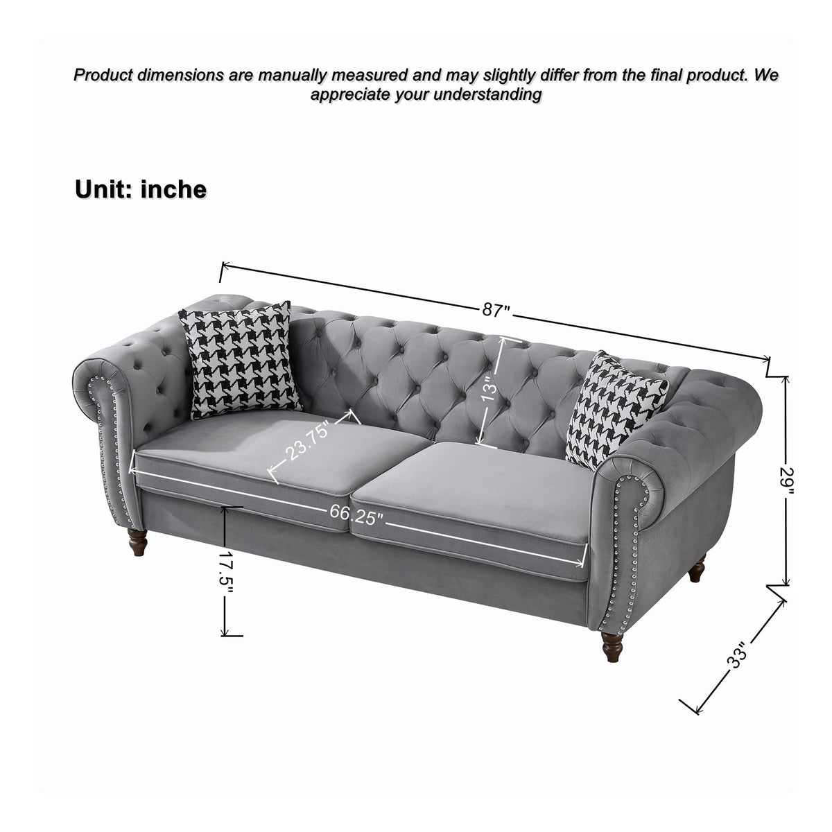 Tidyard 3-Seater Velvet Sofa with Roll Arms & Nailhead Trim, Mid Century Modern Couch for Living Room, Office, Grey