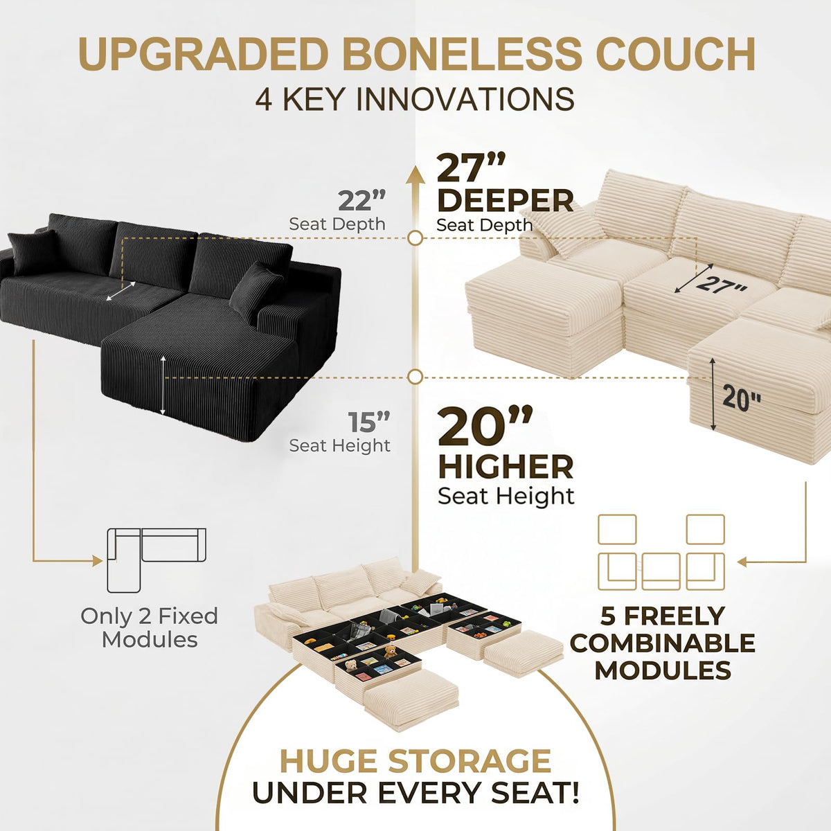 Upgrade Boneless Couch with Storage, Extra Deep&High Seat Modular Sectional Sofa 3 Seater U Shaped Cloud Couch with Ottoman, Tool-Free Assembly Sectional Couches for Living Room