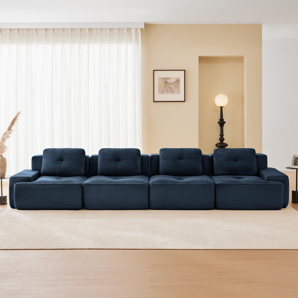 115.3” Camel Boneless Couches for Living Room, Modular Sectional Sofa with L-Shape Chaise, 3 Seater Comfy Upholstered Deep Seat Corduroy Fabric Cloud Couch No Assembly, Anti-Slip Design