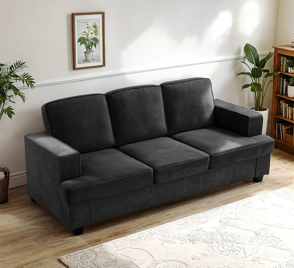 Velvet Sofa, Comfortable 3 Seater Couch with Deep Seating and High Density Foam, Loose Back Cushions, Wide Arms, Livingfor Home, Apartment, Office, Black