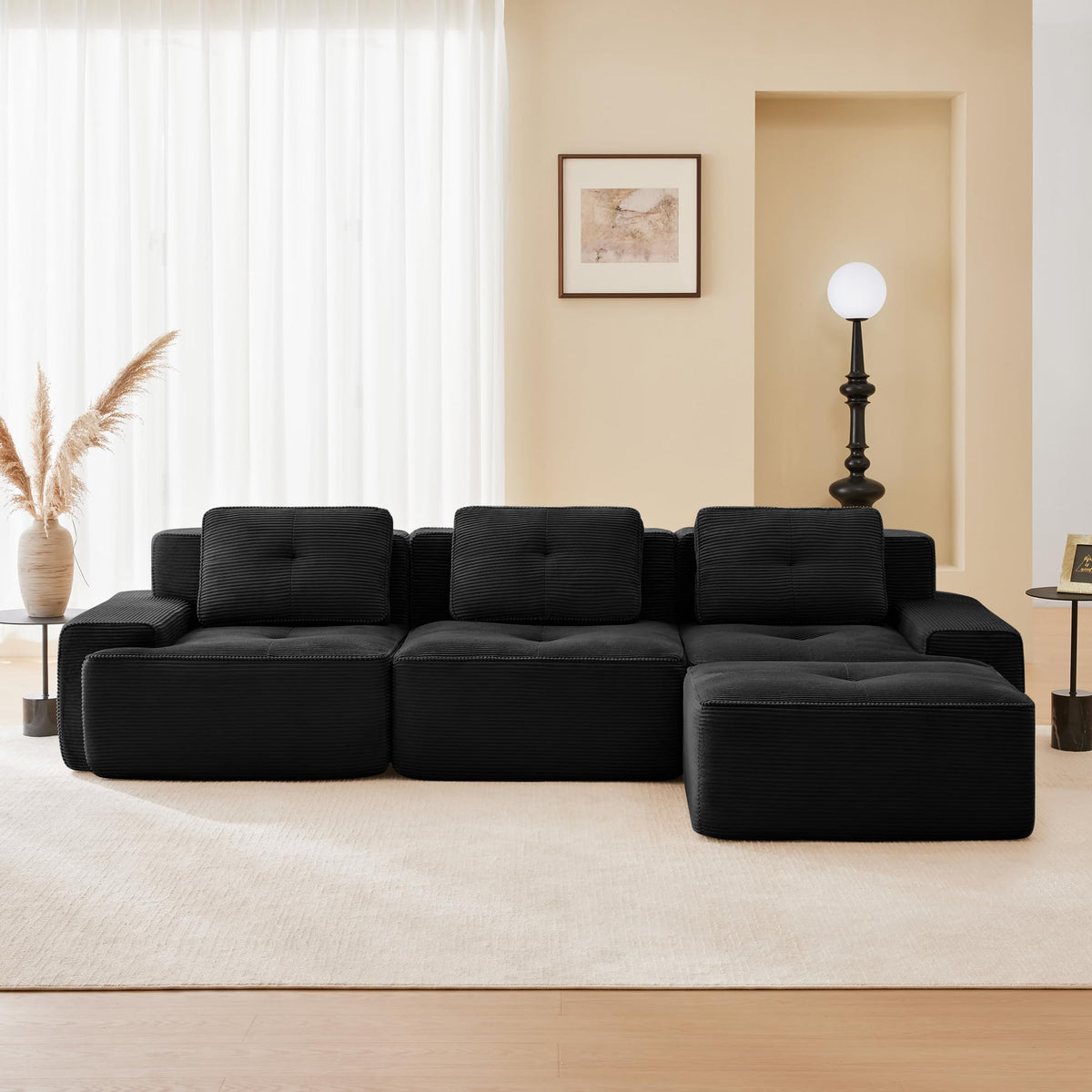 115.3” Camel Boneless Couches for Living Room, Modular Sectional Sofa with L-Shape Chaise, 3 Seater Comfy Upholstered Deep Seat Corduroy Fabric Cloud Couch No Assembly, Anti-Slip Design