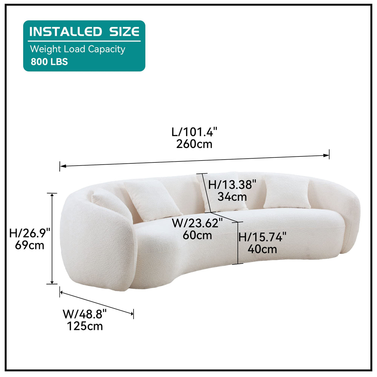 102'' 5-Seater Boucle Sofa Modern Sectional Half Moon Leisure Couch Curved Sofa Teddy Fleece Fabric (White)