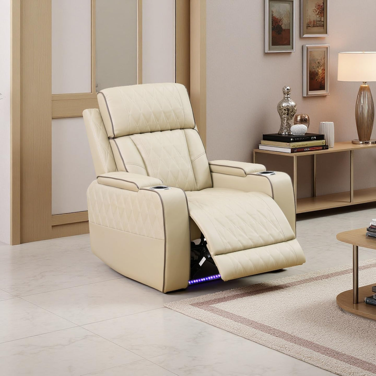 A Ainehome Power Leather Recliner Sofa Set with LED Lights, Recliner Sofa Sectional Couches for Living Room, Reclining Sofa, loveseat, Chair with USB Port/Storage Console/Cup Holder(black,3-piece set)