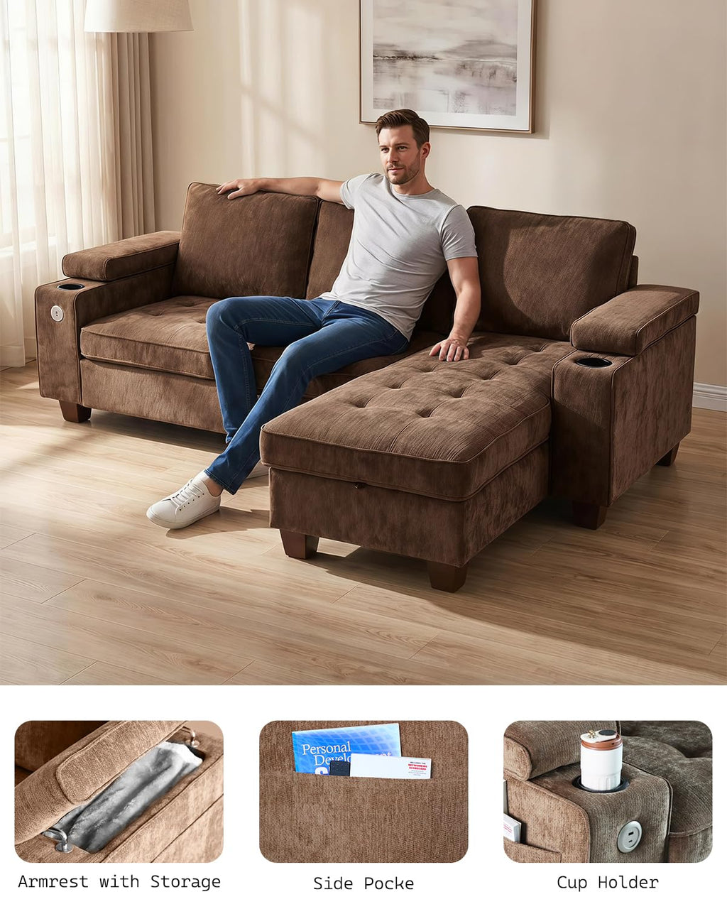 100" L Shaped Sectional Sofa with Hidden Armrest Storage, USB & Type-C Charging Ports, 4-Position Adjustable Armrests, Built-in Cup Holders, Upholstered Couch for Living Room, Brown