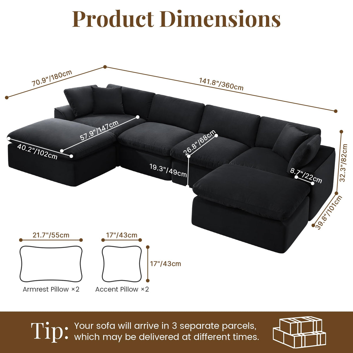 U Shaped Sectional Sofa, 141 in Cloud Couch, Black