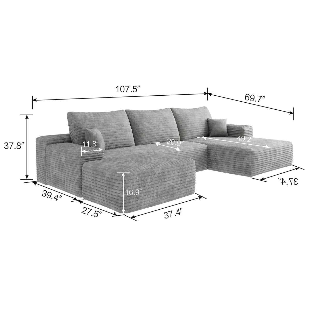 107" Plush Corduroy Deep Seat Chaise Lounge Indoo, Modern Boneless Compressed Floor Sectional Sofa with High-Resilience Foam, Free Combination Modular Cloud Sectional Sofa for Living Room, Grey