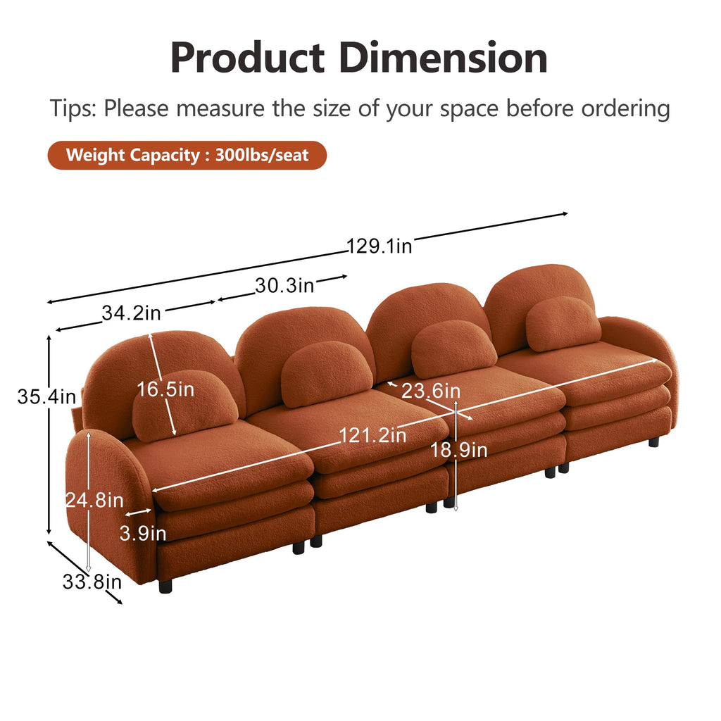 129.1" Modular Sectional Couch, Teddy Fleece Fabric, Orange