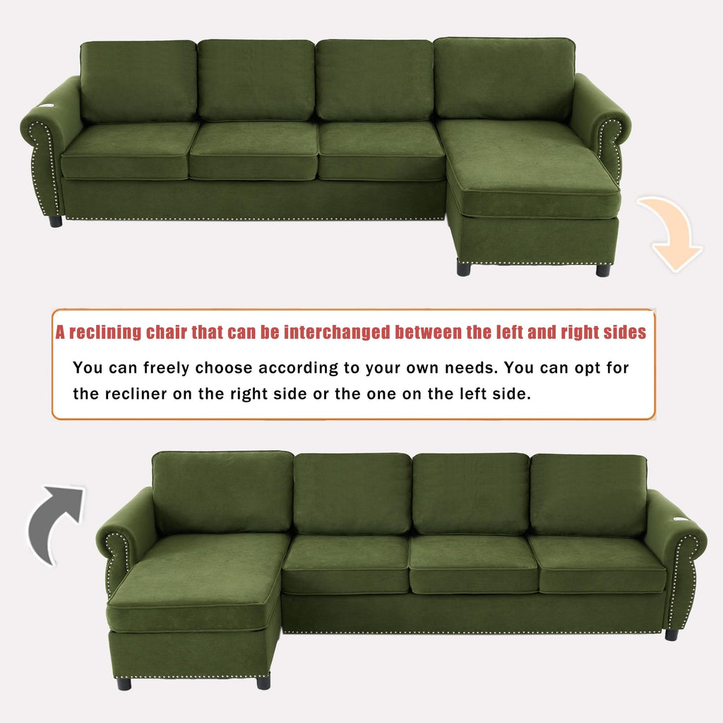 106.5" Pull Out Sofa Bed,L Shaped Modular 4 Seater Couch,2-in-1 Sofa Bed,Wireless Charging, USB Charging Ports,Memory Foam Mattress,Storage Space (Green)