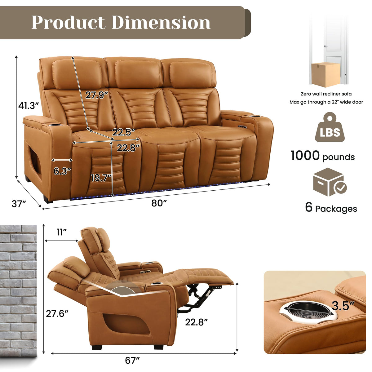 Zero Gravity Power Reclining Sofa Adjustable Headrest & 7 Colors LED Lighting, Power Recliner Sofa with Reading Lighting, Armrest Storage for Home Theater, RV