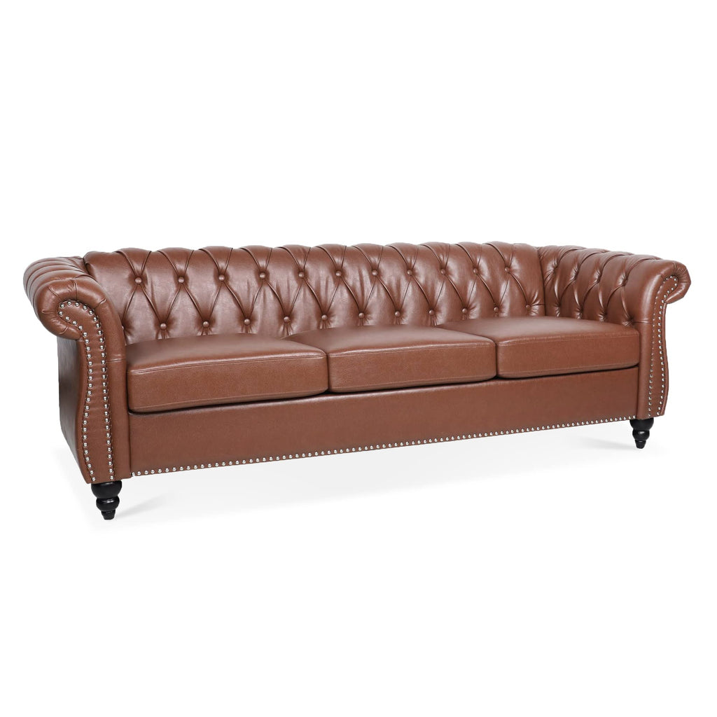 Tidyard 84.6? Brown PU Leather Rolled Arm Chesterfield Three Seater Sofa, Staggered Tufting, Solid Wood Frame, Pocket Spring Cushion, Birch Legs, 660 lbs Capacity