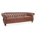 Tidyard 84.6? Brown PU Leather Rolled Arm Chesterfield Three Seater Sofa, Staggered Tufting, Solid Wood Frame, Pocket Spring Cushion, Birch Legs, 660 lbs Capacity