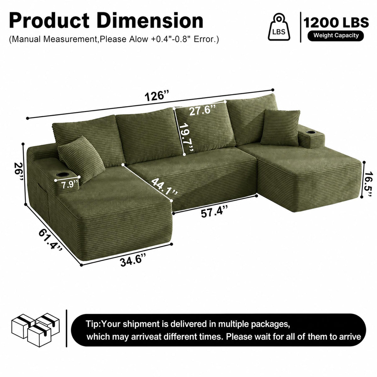 126" U Shaped Boneless Modular Cloud Couch with Double Chaise, Green
