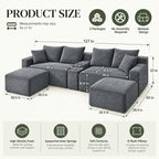 127" Cloud Modular Sectional Sofa, U Shaped Boneless Couch,Grey