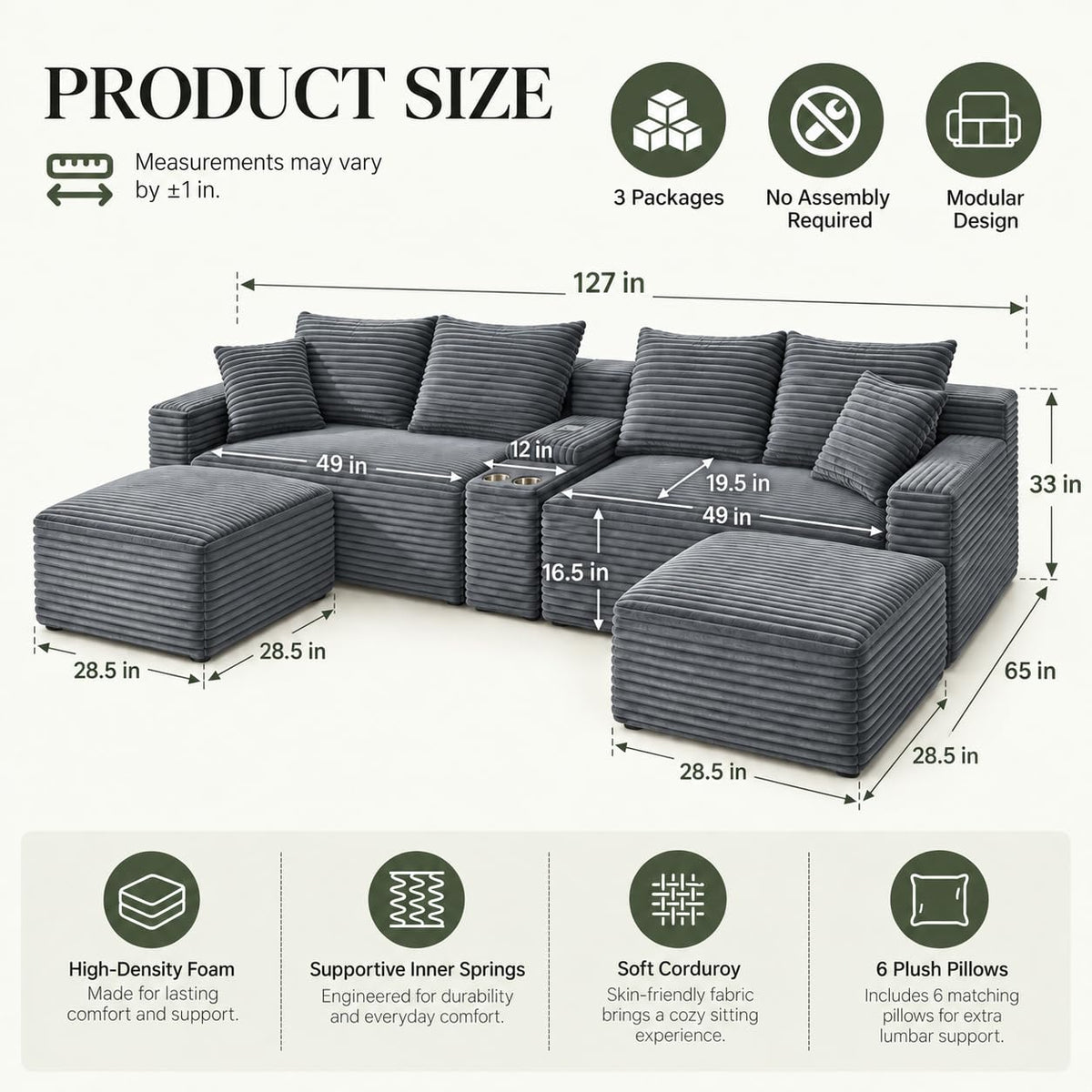 127" Cloud Modular Sectional Sofa, U Shaped Boneless Couch,Grey