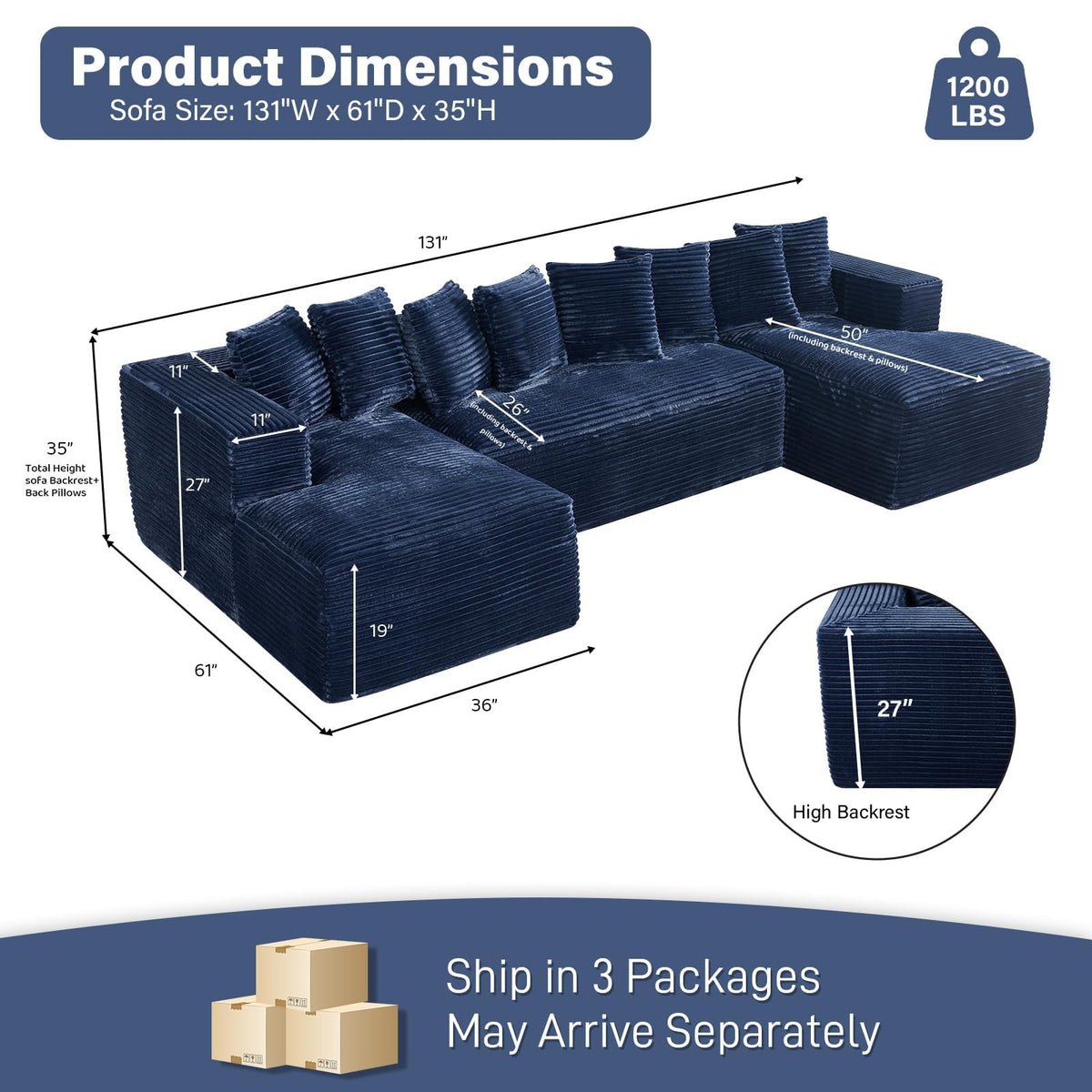131" Oversized U-Shaped Cloud Sectional Sofa with Double Chaise, Blue