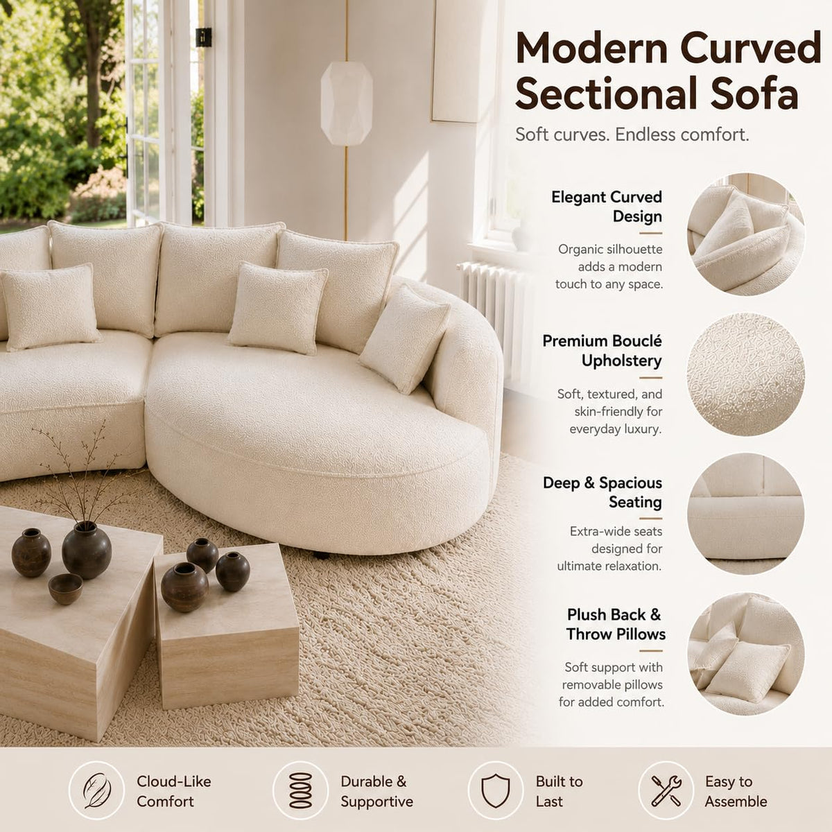 124.8" Modern Curved Sectional Sofa with Chaise, Upholstery Boucle Sofa with Pillows,Sectional Couch for Living Room - (Beige,Right Hand Facing)