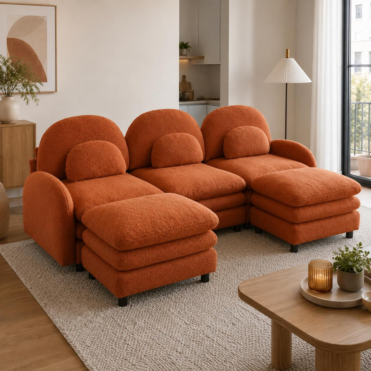 Teddy Fleece 3-Seat Modular Sofa with Curved Back and Double Cushions