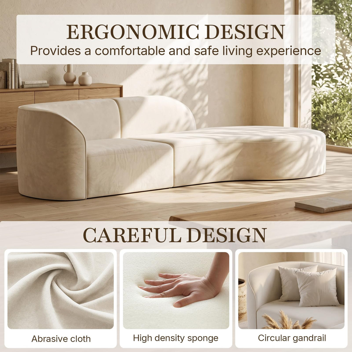 110" Curved Sectional Sofa with Right Chaise, 4-6 Seater Modern Upholstered Couch with Foam Cushions and Solid Wood Frame, Warm Ivory
