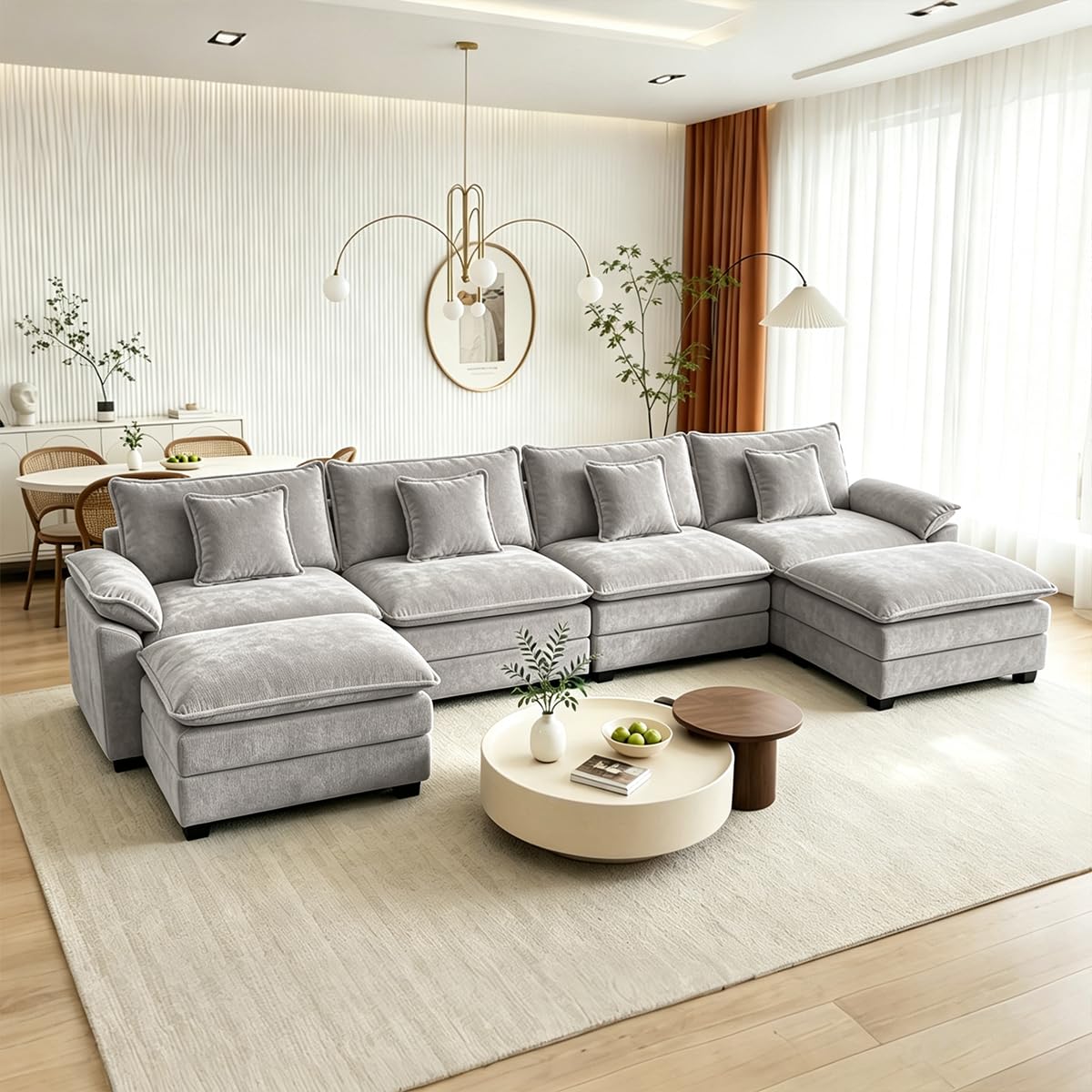119" Cloud Couch Sectional, L Shaped Modular Sectional Sofa for Living Room, 3 Seater Sofa with 3 Removable Washable Pillows and 1 Ottoman, Light Gray