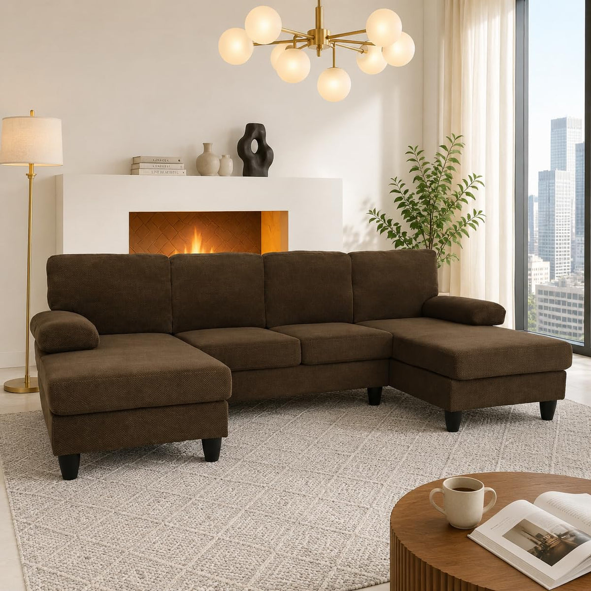 U-Shaped Sofa, Dual Chaise Sectional, 104 Inch, Camel