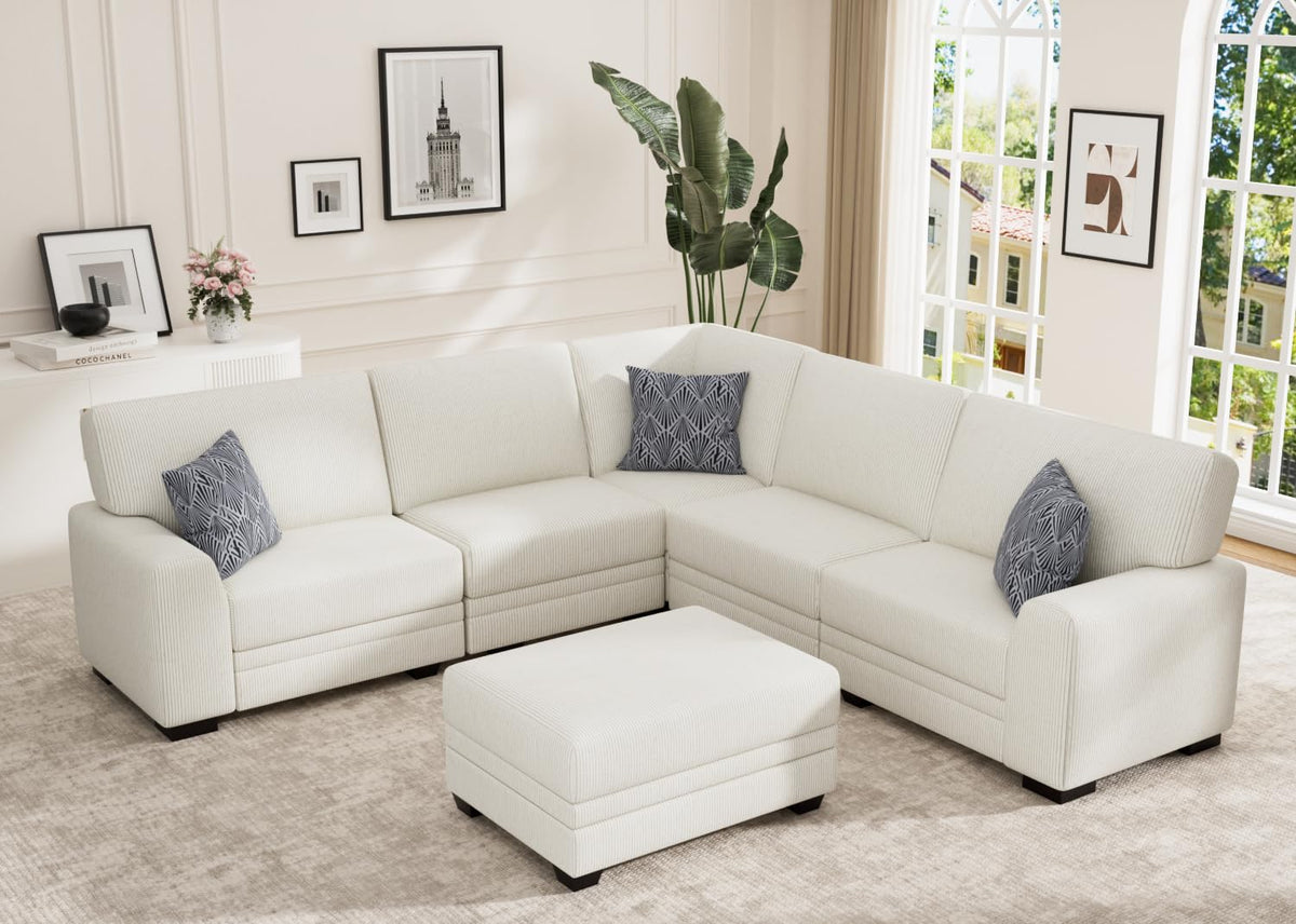 Wanderwell Oversized Modular Sectional Sofa, 6-Seater U Shaped Couches with Movable Ottoman,Corduroy Sectional Couch with Wide and Deep Seats Suitable for Living Room,Bedroom,Apartment (Olive, L-7)
