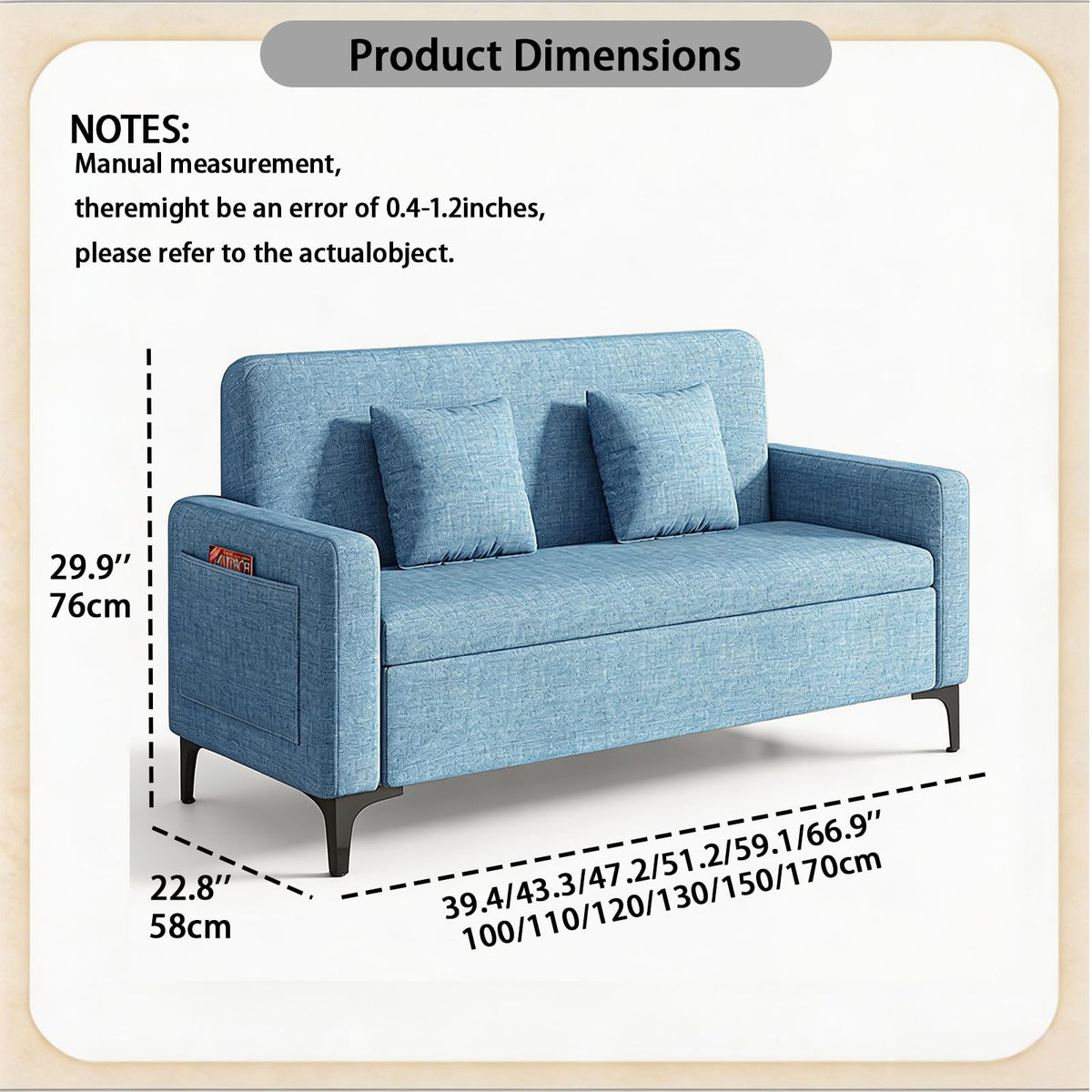 Upholstered Reception Sofa, Fabric Waiting Room Couch with Hidden Storage