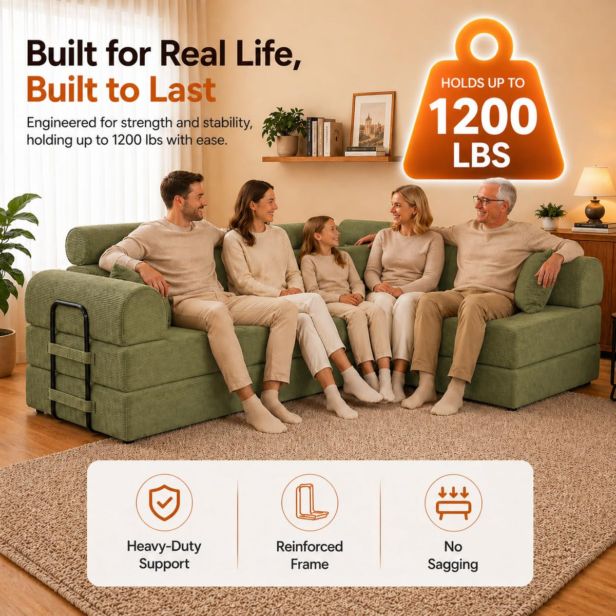 106" Convertible Sleeper Sectional Sofa Bed, 4-in-1 Corduroy Boneless Couch with Fixed-Shape Frame, Modular L-Shaped Sofa with Pillows, Fold Out Floor Sofa for Living Room Apartment (Light green)