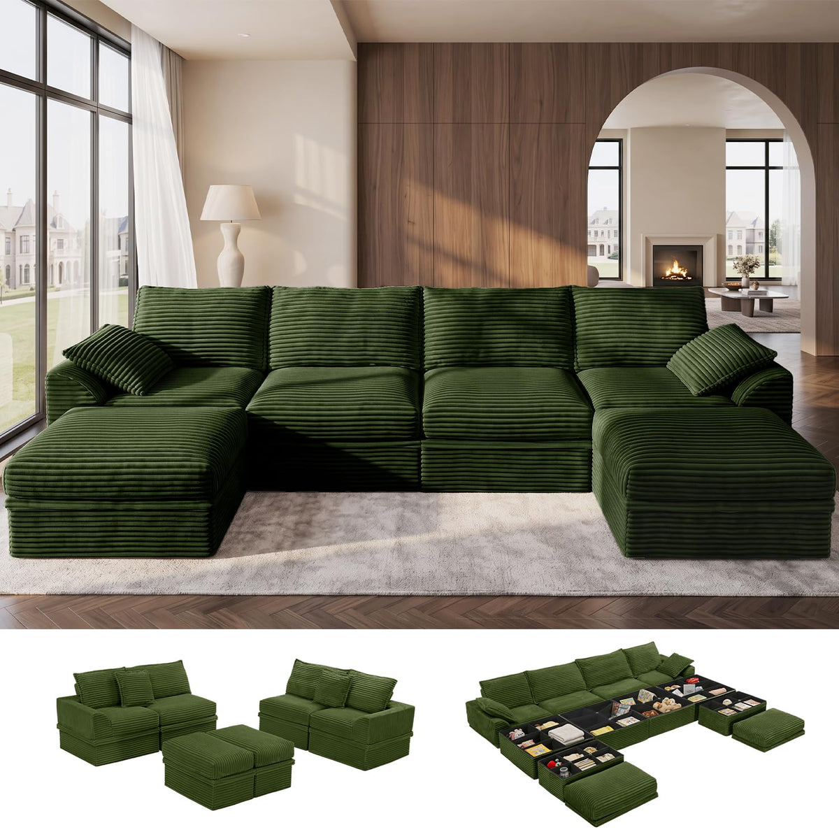 Upgraded Boneless Couch with Storage, 107" Modular Sectional Sofa Couches for Living Room, Extra Deep&High 3 Seater U-Shaped Boneless Sofa with Ottoman, Tool-Free Assembly, Black