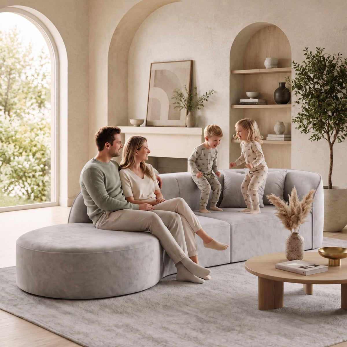 133.8" Oversized Curved Sectional Sofa, Ivory White, Left Chaise
