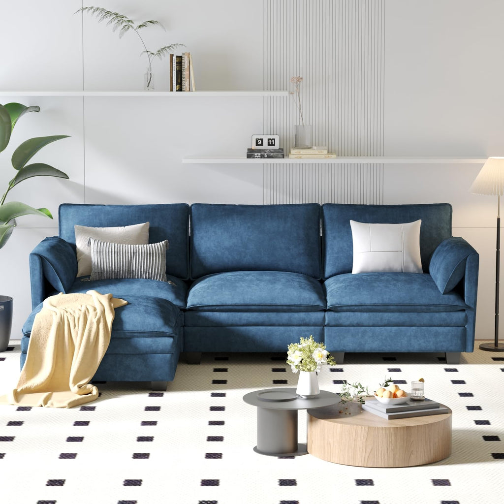 107.8'' Large Size 3 Seater Sofa Couch, L Shaped Sofas with Movable Ottoman, Arm with Pockets,Fabric Couches for Living Room, Apartment, Office