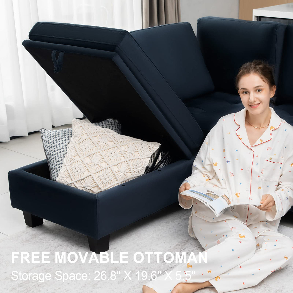 Belffin Velvet Convertible 4-Seat Sectional Sofa with Reversible Chaise L Shaped Sofa Couch Furniture Sets Sectional Couch with Storage Ottoman Blue