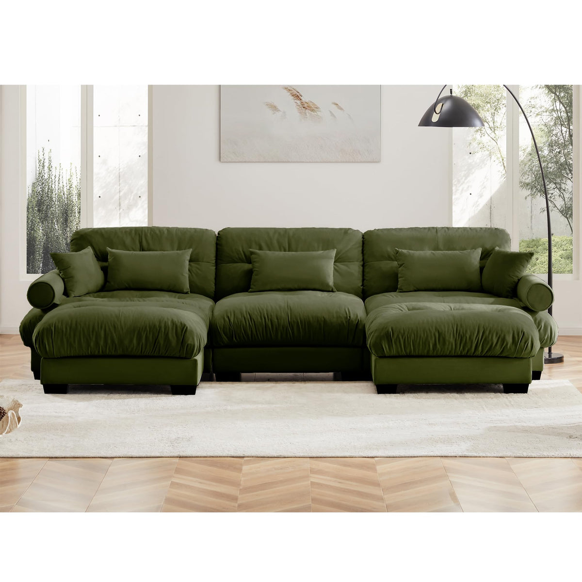 130" Modular Sectional Sofa,Velvet Upholstered Couches for Living Room,3 Seater Green Sofa Couch with Movable Ottoman,Big Comfy Loveseat Sofa with Deep Seats for Living Room,Apartment,Bedroom