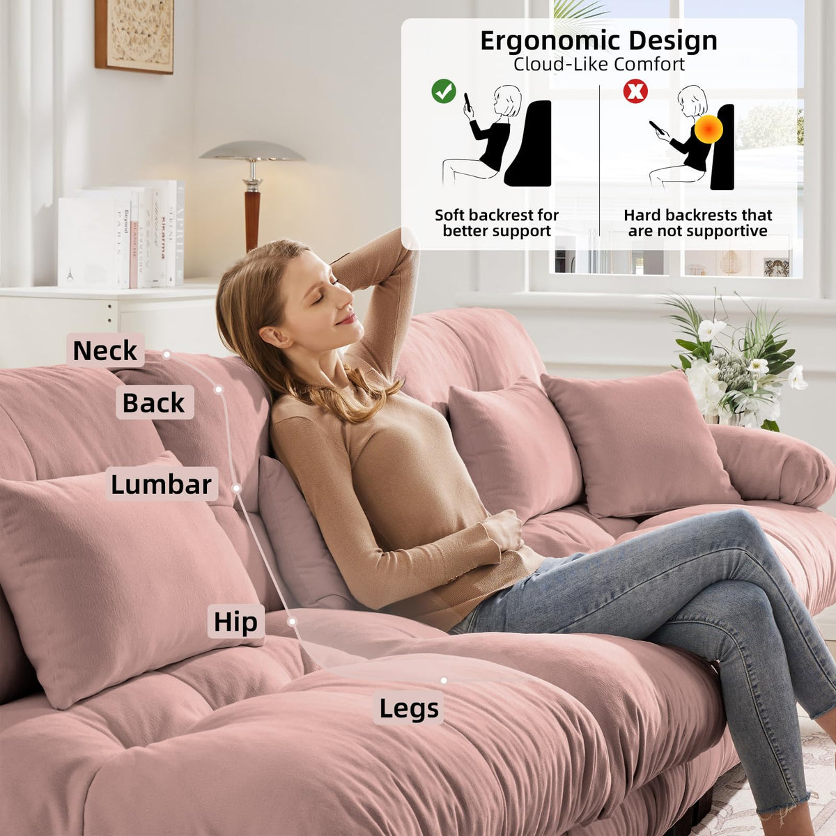 134" Oversized 3 Seater L Shaped Modular Sectional Sofa, Large Sectional Couches for Living Room, Chenille Cloud Couch with Pillows, Living Room Deep Seat Sofas with 3 Seats & 1 Ottoman, Pink