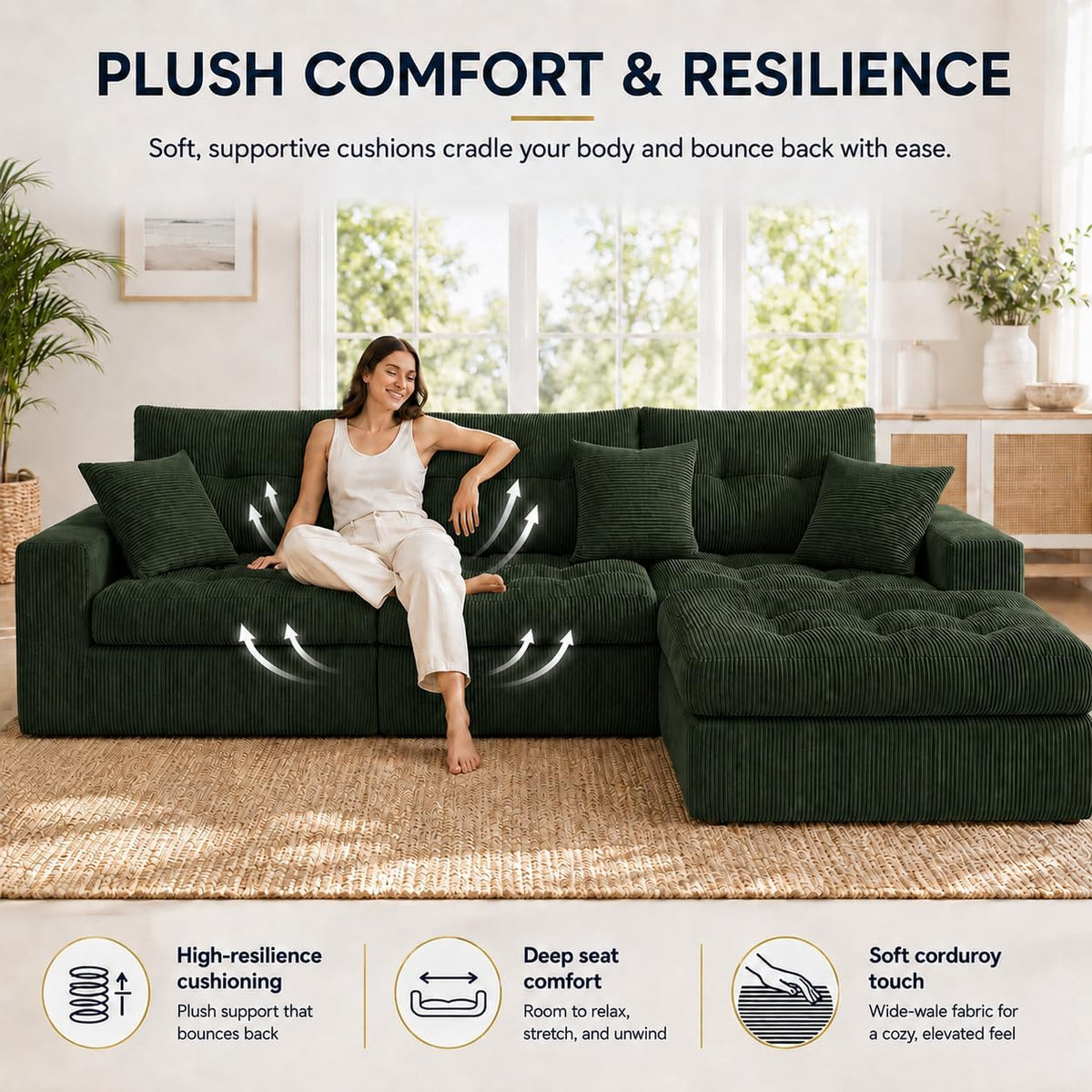 113.4 in Modular Corduroy Sectional Sofa, Green