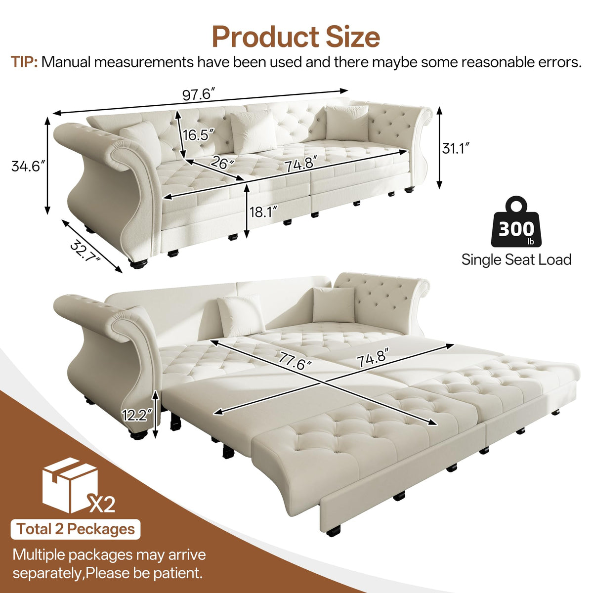 Velvet Pull-Out Sofa Bed, 3-in-1 Convertible Sleeper Sofa with Pillows, Button Tufted Chesterfield King Size Couch for Small Spaces & Apartments (Beige, 97.6")